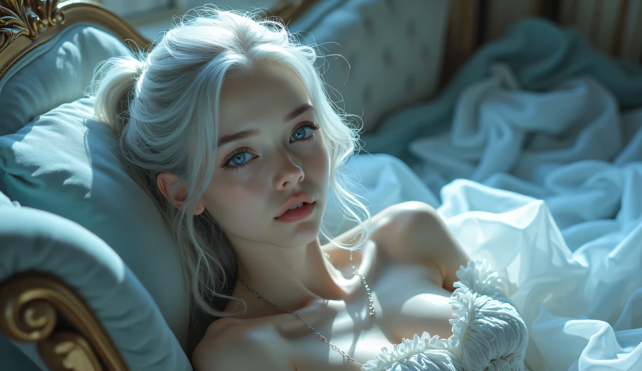 8k,(pink pussy:1.2)、(:1.3)、Baby Face、Young、cute、Silver Hair、barefoot、chest、Braid、Small pink nipples、vagina