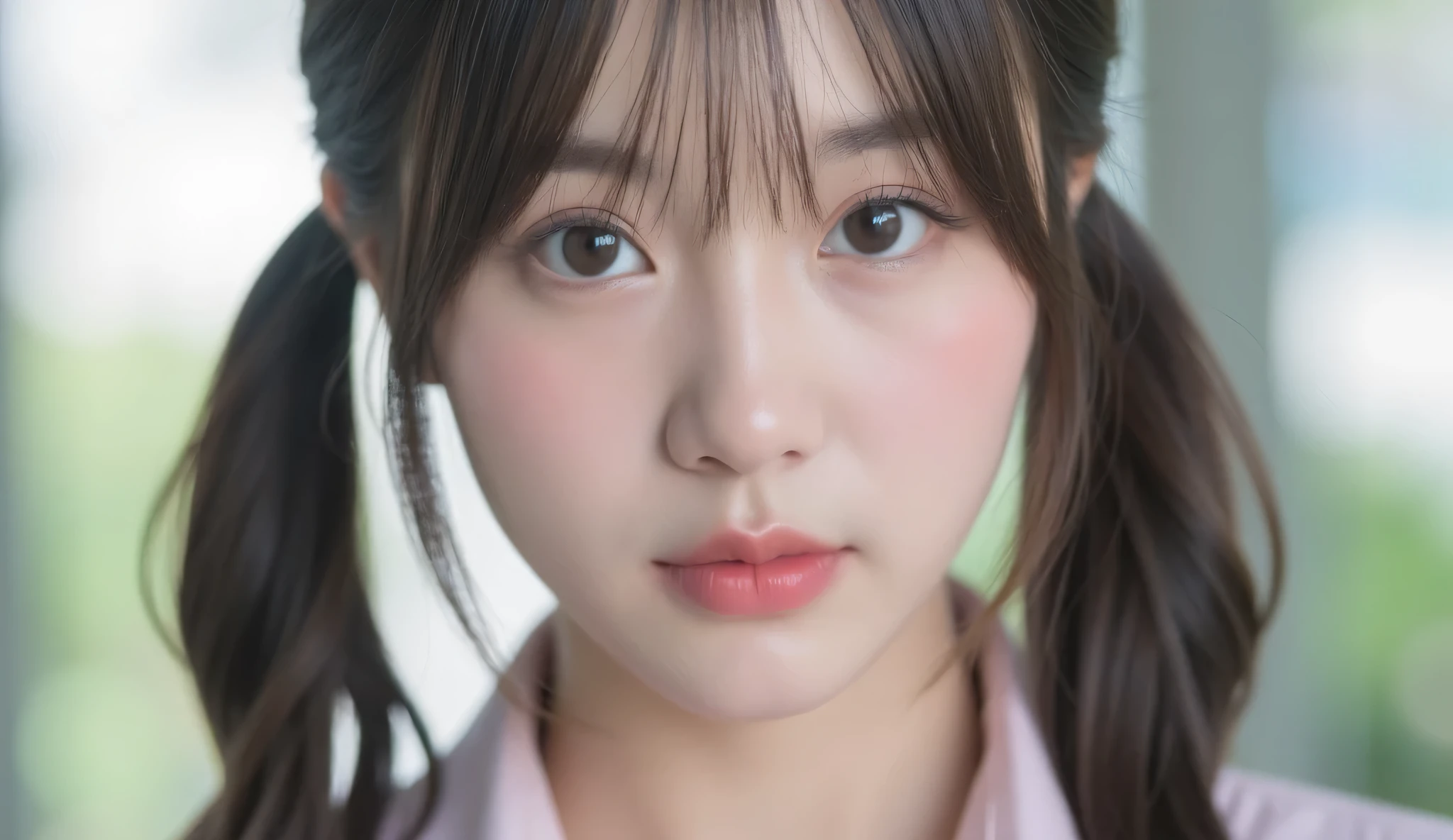 a hyper-realistic 8K DSLR bust portrait of a beautiful Korean female idol with monolid eyes and twin ponytails, crystal-clear eyes with soft reflectiveness, glossy peach lips, wearing a pastel school-style uniform, sharp facial detail, natural light studio