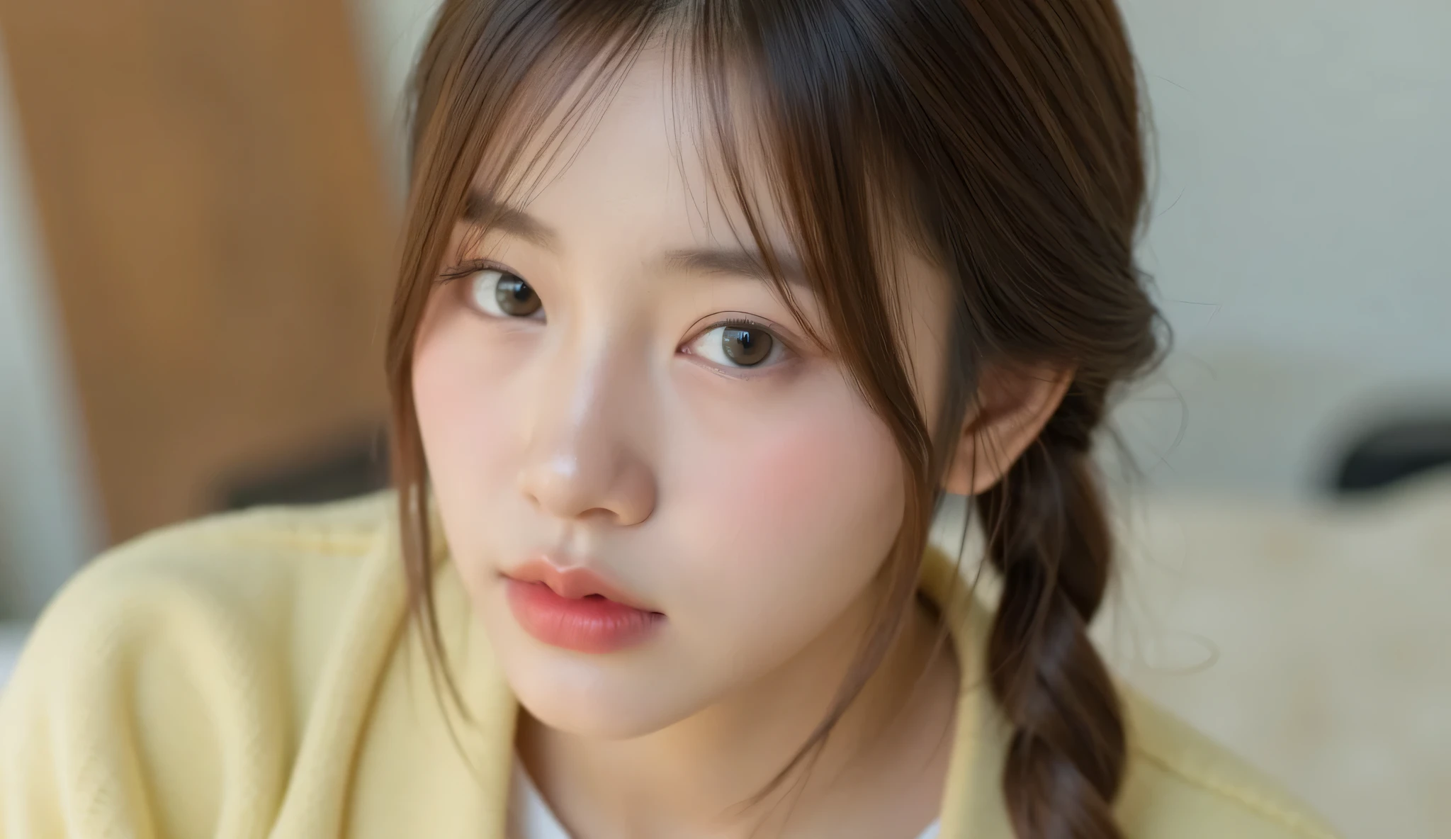 a hyper-realistic 8K portrait of a beautiful Korean girl idol with monolid eyes, fluffy twin braids, glossy nude lips, radiant glassy gaze, wearing a light yellow cardigan, studio with diffused warm light, sharp eye and lip detail