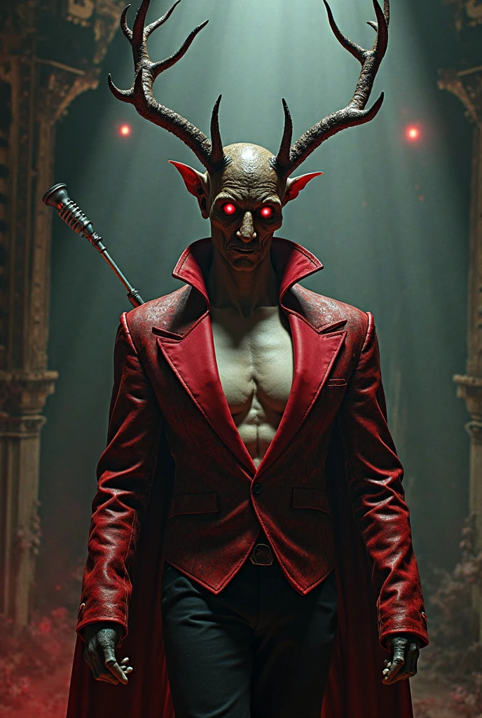 half angel and half devil, standing alone, gazing at viewer, Eyes red, male focus, antlers, teeths, mask, Ablaze, colored skinned, sharp teeths, Ablaze eyes, red skinned