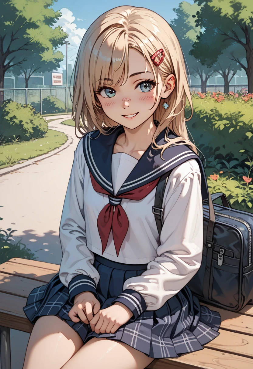 (masterpiece:1.2, top-quality), (realistic, photorealistic:1.4), beautiful illustration, (natural side lighting, movie lighting), 
looking at viewer, cowboy shot, front view:0.6, 1 girl, japanese, high school girl, perfect face, cute and symmetrical face, shiny skin, 
(long hair:1.8, straight hair:1.7, light brown hair), parted bangs, emerald green eyes, long eye lasher, (large breasts:0.9, thick thighs), 
beautiful hair, beautiful face, beautiful detailed eyes, beautiful clavicle, beautiful body, beautiful chest, beautiful thigh, beautiful legs, beautiful fingers, 
((, white collared shirts, black pleated mini skirt, black socks, brown loafers, red bow tie)), break, hoop ring earrings, pink panties, dark blue school bag, violet cardigan, break,
(beautiful scenery), evening, riverside, walking, hands on chest, (lovely smile, upper eyes), A masterpiece, top quality, highest definition, 32K, one big dog, one beautiful woman. Platinum blonde, straight hair in one length. Slit eyes, green eyes, model like, beautiful,
shirt, mini tight skirt. In the grass of a meadow, a girl stands, slightly, legs open. A complete body. Perfect hands and legs.

Her face, bright red, flush and shy.
You can see her nipples standing out, even through her shirt. （The skirt is shorter than normal, but even so, it is a very short mini pleated skirt that almost reveals her panties.)The girl's hair is platinum blonde.

(The skirt is very short.) The girl's hair is brown.