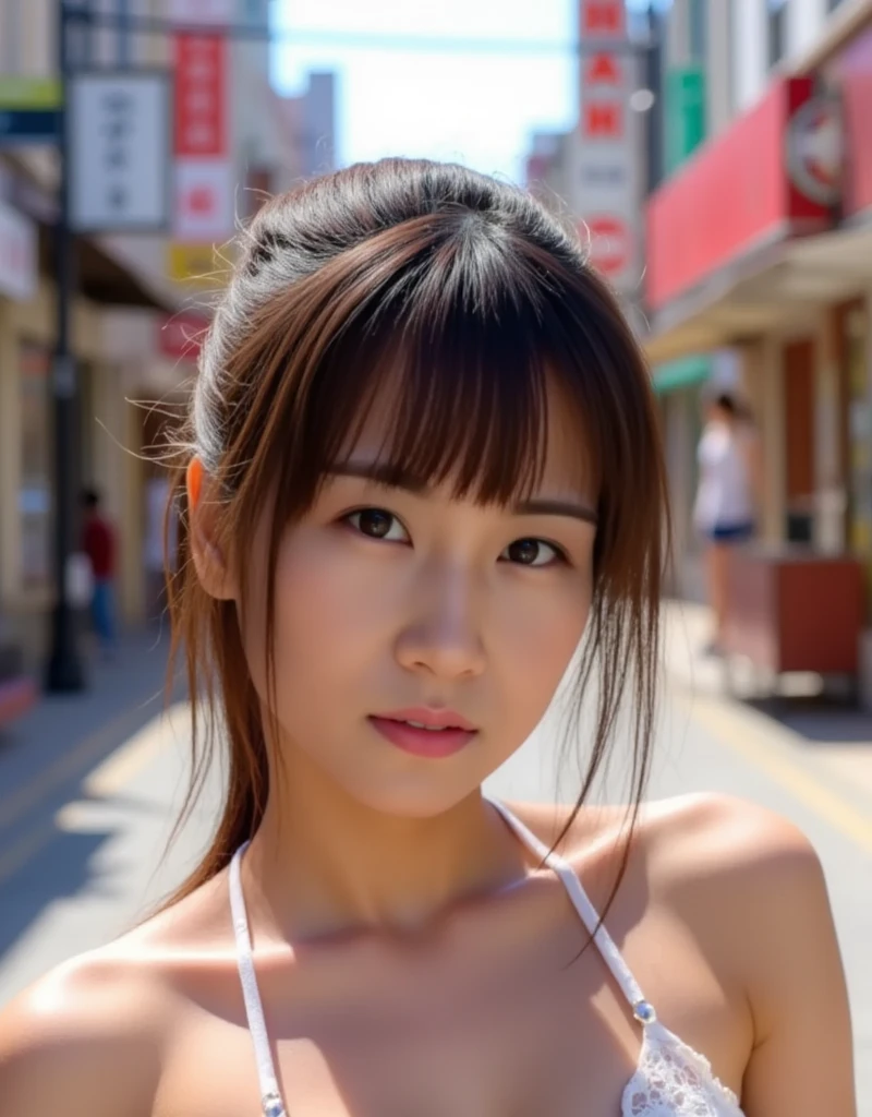 NSFW:1.3:((highest quality、8K resolution、master masterpiece、portrait:1.3)), Photoreal, 35mm film, mature woman:1.5,daytime, wrinkles around the eyes,wrinkles around the mouth,bangs、((Fancy Micro Bikini:1.3)) , (outdoors_city street: 1.3), jumbled background,look at the audience,(Tokyo cityscape:1.3), whole body,