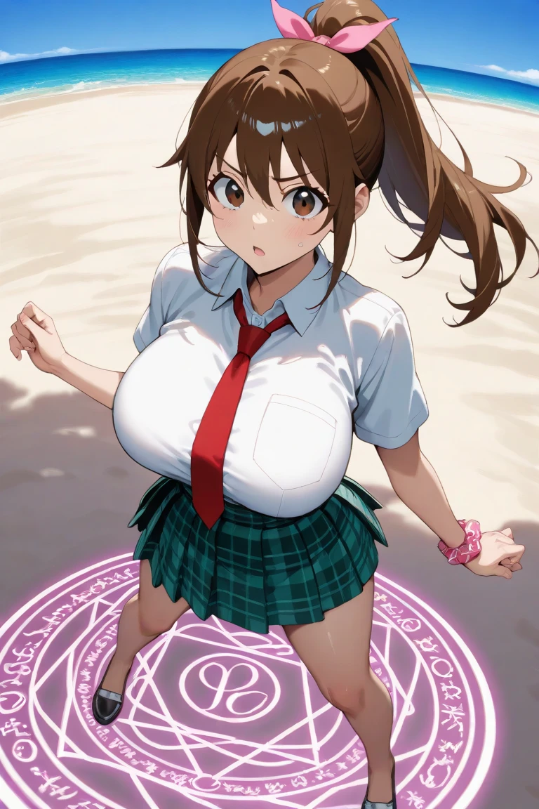 (Master Peave), (Best Quality), (超A high resolution), beautiful detailed hair detailed face, Perfect feminine face,((Best Quality, High resolution)),(NSFW:1.4),(90s anime style)、((Anime cel drawing style)), (Manga style),First_Snow Light, 1girl in,Red Eyes、Twin-tailed、Brown hair、 (Large :1.2),(((huge-breasted:1.5))), (big areolae), (gigantic cleavage breasts, drooping chest, breast apart:1.4) ,(Green Bikini:1.4), (half undress:1.4),(eye glass:1.2),Beautiful face, (nose blush:1.4), lightsmile, (Beach:1.5),tight top, (Large crowds:1.3)、Looking at Viewer、(cowboy shot:1.2),Opening Mouth,(Blast Lift:1.2)