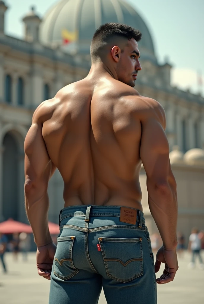 hombre barbudo y musculoso , intrincado, elegant, Sharp focus, foto de greg rutkowski, Soft lighting, Colores vibrantes, Obra maestra, ((calles)), cuerpo completo, jeans backside