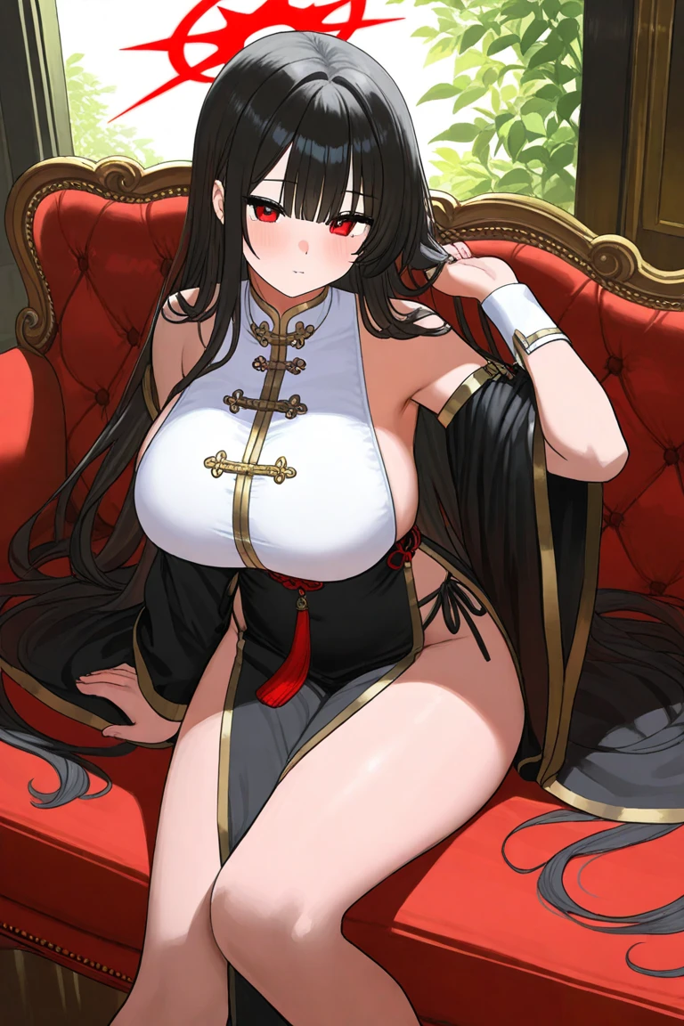 (((best quality))), ((ultra-detailed)), ((an extremely delicate and beautiful)), ((16k)), realistic, hd, cgi, gleaming hair, gleaming skin, gleaming dress, Character focus, solo, sitting down pose on a high throne, strong light coming in, sharp focus, illustration, game cg, anime, solo, curvy, (big breasts:1.3), forehead, ( white gold lining Chinese Lace Up Cheongsam Open Chest Bodycon Dress High Slit Qipao mini), faste collarbone, (belly:0.9), looking at the viewer, ocean, flower hair ornament, accessories, backlighting, shiny skin, shiny body, chibi, gloves, necklace, jewellery, black-brown hair, bead necklace, red faded into black colored hair, brown eyes, long hair, black bunny ears, red ombre hair, red-black hair, more yellow hair streaks, smaller dress, mommy goddess, thighs, looking down at the viewer, bare feet directed at the viewer, goddess, female dominance, high pony tail