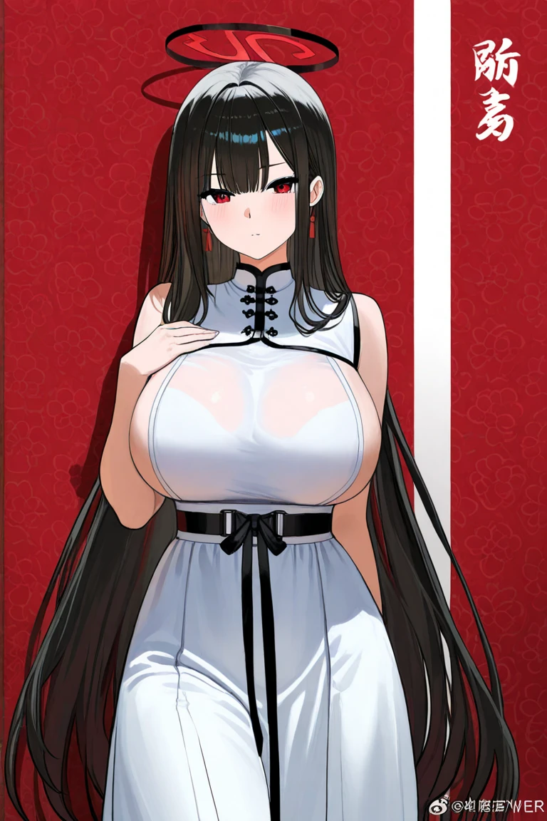 Anime art in painting art, a Korean anime girl has white skin and black eyes, her hair is black with a bun tied at the top and a fringe on her forehead with no loose hair., being very cute and busty wearing a short and small white dress
