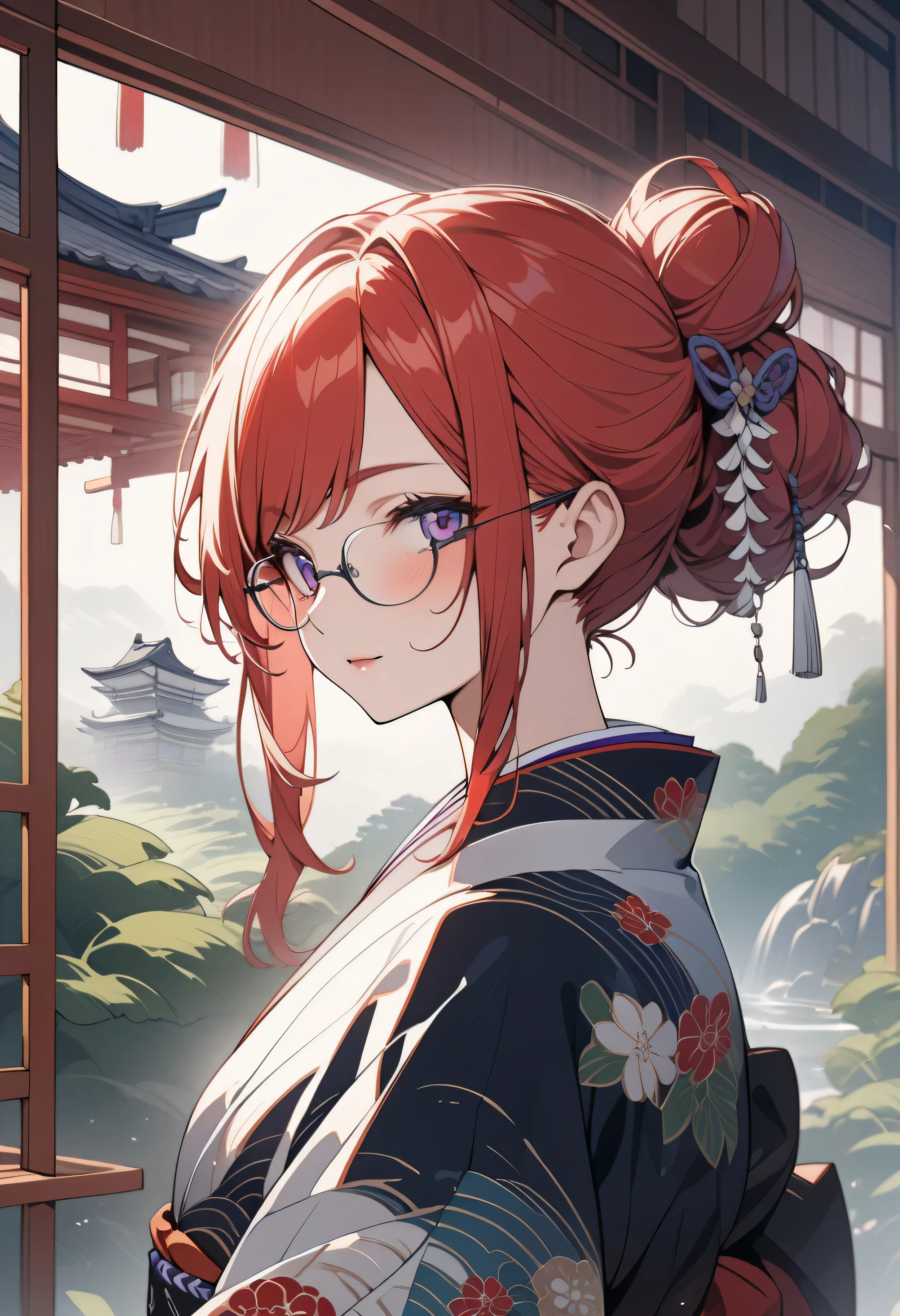 Mizuho Kazami,detailed portrait of a mature Japanese woman, adult,beautiful face,glasses,hair bun,side locks,red hair,purple eyes,delicate facial features,serene expression,graceful posture,wearing a traditional kimono,standing in a lush garden landscape,peaceful atmosphere,natural lighting,vibrant colors,ukiyo-e style,digital painting,8K,high resolution,masterpiece,ultra-detailed,vivid colors