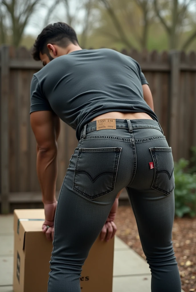 A masculine macho man with a very short beard, short hair, elegant buttoned white shirt, long sleeve, blue jeans, black shoes , sexy look, tie, a dick, big cock, nice. bulge, big penis, nice dick, chubby