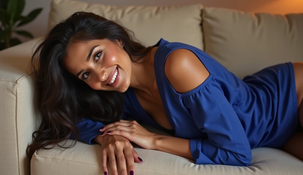 Ultra realistic photo of keerthi Suresh amature indian women with mysterious smile and long hair style and biggest size swooping brest (boobs) and deep clevage and wears a saree with hot & sexy blouse and thin long body chain (laid inside the clevage)and sleeps on the biggest bed and doing different poses and capture in different angles in the bedroom and the subjects hair and skin tone is highlighted using natural realistic lighting and capture using high resolution camera in RAW format and full body image; the age should be ( 40 year old amature Indian woman)