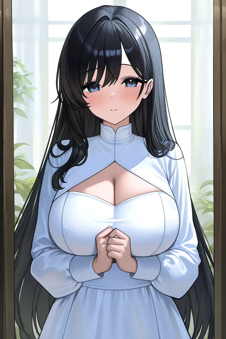 (masterpiece, best quality:1.2), Detailed face, delicate eyes, Elegant woman, long hair, High heel,shiny skin,Shy smile,Welcome at the door, white door, shirt, trousers,Huge breasts,Upper body close-up,Nipple showing,earrings
