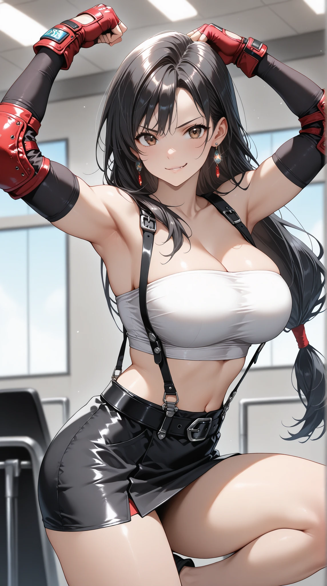 best quality, ultra-detailed, high resolution, extremely detailed CG, unity 8k wallpaper, super detailed skin, detailed, dynamic lighting, beautiful detailed eyes, defTifa, white crop top, elbow pad, fingerless gloves, suspenders, very short pleated miniskirt, red boots, bar counter, showing panties, dynamic pose, red eyes, serious, evil smile, fighting stance, sparring, nsfw,