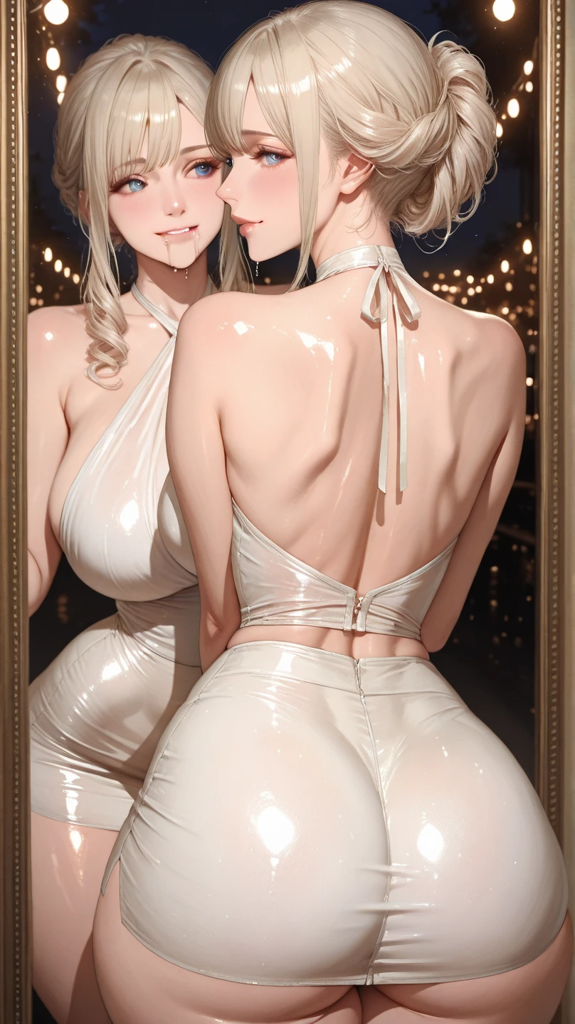 elegant beautiful girls, detailed face, beautiful detailed eyes, beautiful detailed lips, extremely detailed eyes and face, long eyelashes, 1 girl, 2 girls, illustration, oil painting, 3D rendering, photography, (best quality,4k,8k,highres,masterpiece:1.2),ultra-detailed,(realistic,photorealistic,photo-realistic:1.37), HDR, UHD, studio lighting, ultra-fine painting, sharp focus, physically-based rendering, extreme detail description, professional, vivid colors, bokeh, portraits, anime, (two women aligned:1.5), kind smile, open mouth, bright blue eyes, (long wavy blonde hair:1.5), heavy bangs, wearing a maid headband, (Giant NSFW), ((((rear view)))), cowgirl shot, (wearing white thong:1.3), full body muscles, stockings
