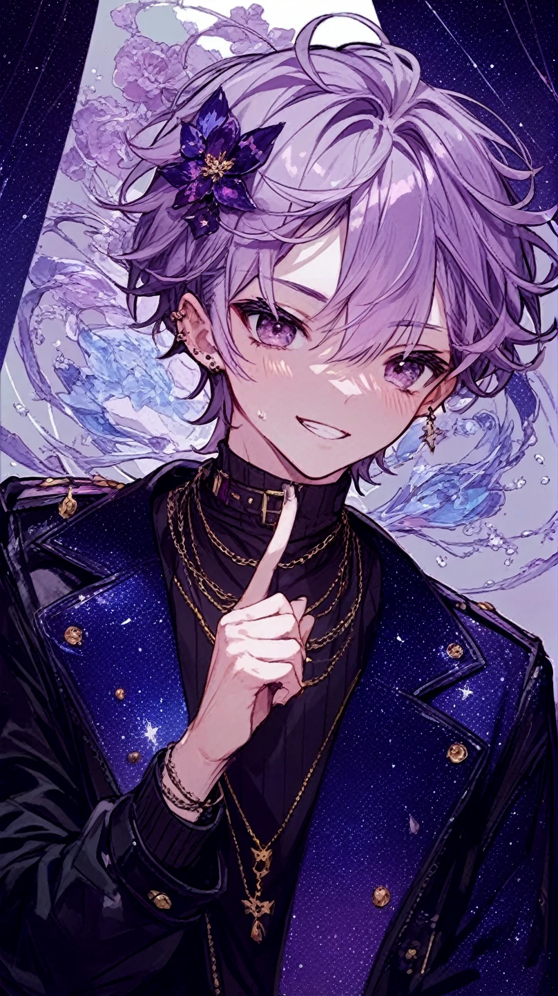 absurdres, highres, ultra detailed, HDR, masterpiece, extremely detailed, Shinsou Hitoshi, indigo hair, messy hair, expressive purple eyes, Boku No Hero Academia, solo, sexy man, handsome, sensual, horny, gray scarf, black hero clothes, water, magical, fantasy, glittering, shining, pink roses, blossoms, petals, in woderland, clock
