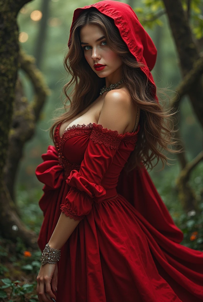 (UHD,16K,RAW photo, high quality:1.2, masterpiece:1.2),(Full Body:1.5),(cute face:1.2),(huge breasts:1.2),(high heels:1.2), is a woman in a red riding hood holding a red rose, wearing a beautiful red cape, heart thief in the red riding hood, little red riding hood, fantasy character photo, character photography, portrait photo, High Quality Fantasy Stock Photo, inspired by Anne Stokes, fantasy photo shoot, Not style Anne Stokes, fantasy photography, inspired by Dorothy Hood,(Ultra-Wide Angle:1.2),(bokeh:1.2)