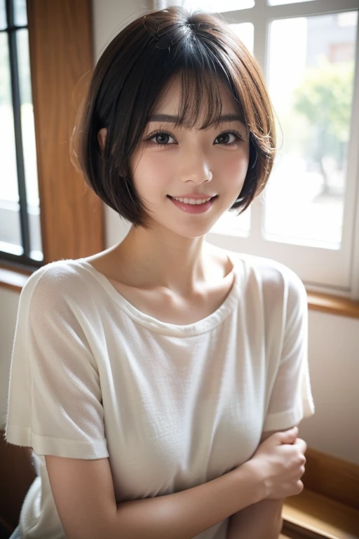 muste piece, Top quality, 8K, 11 years old, japanese girl, delicate slender, Raw photo, absurd, award-winning portraits, (detailed face, shy smile), solo, Transparent white T-shirt made of very thin material、 sailor uniform, short sleeve, idol face, super mini skirt, short socks, slim legs, black pantyhose、shoes,  whole body shot from the bottom of the stairs, whole body shot from a Low - Angle, detailed face), refreshing shy smile, slender girl, Golden short-cut hair, dark eyes, whole body, digital single lens reflex, look at the viewer, Frank, sophisticated, like々New, perfect whole body balance, (Low - Angle), professional lighting, (Eye and face details: 1.0), (It&#39;s blurry: 1.1),rasping,rasping,ponytail,hight167cm.weighta29kg,