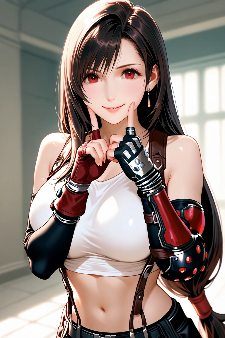 Tifa Lockhart from Final Fantasy 7 posing to camera making a victory sign with her fingers while giving a mig smile