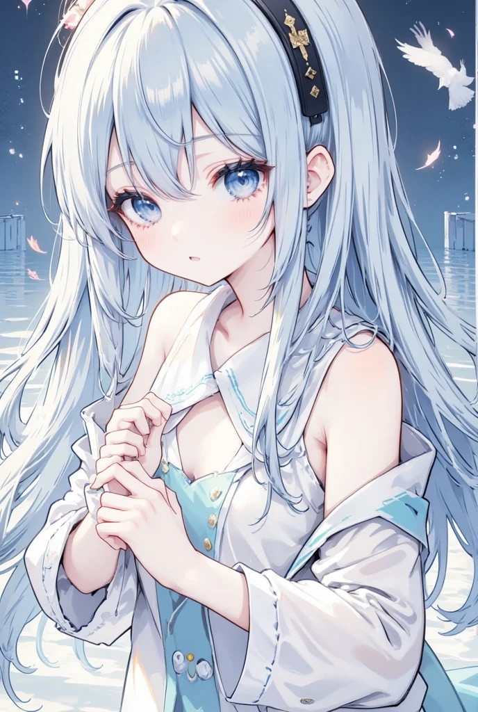 High quality, Ultra detailed, best quality, insanely detailed, beautiful, masterpiece,beautiful boy who is a kung fu master,Light blue silver hair,long hair with a wolf cut,sharp blue eyes,very handsome,Kung Fu Stance,white kung fu costume is bordered with gold thread,wearing a gold hair band
