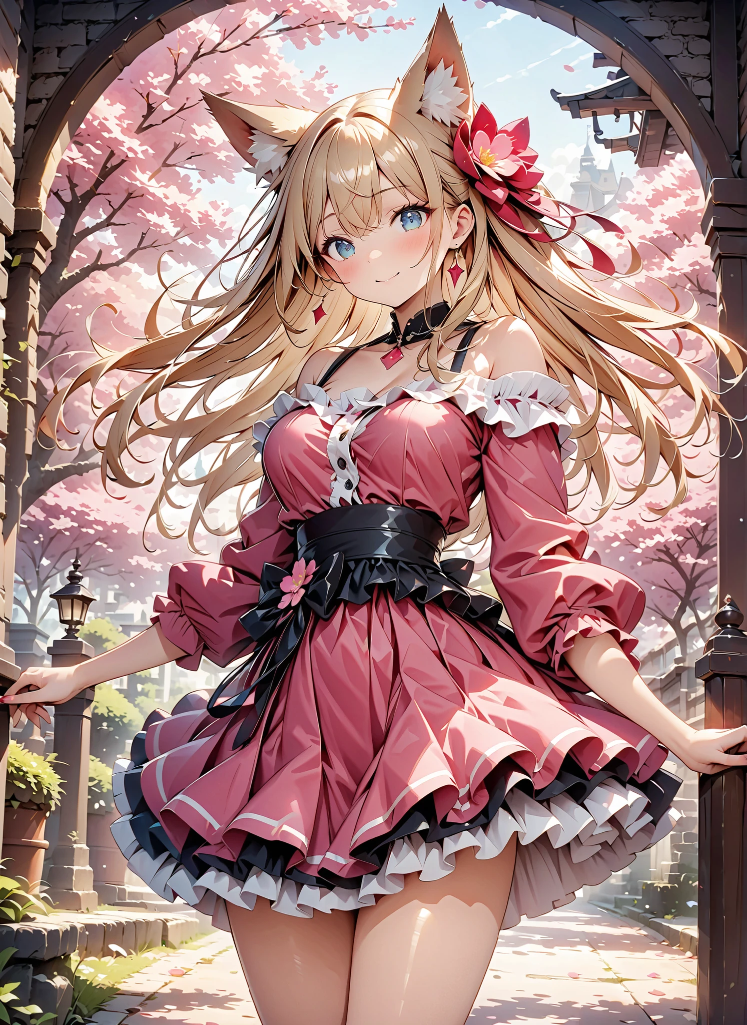 masterpiece、concept art、(very well detailed)、 (((masterpiece、Highest Quality、 、16k))) 、1 girl、amazing cherry blossom blizzard background、Multiple cherry trees、( fox ears、off-shoulder、platinum blonde、long hair、wave hair、frill skirt)、( やわらかなsmile )、 Spaghetti Background 、 dreamy 、 Spectacular photos 、smile、 light/dark method、lens flare、Sparkling:0.7、(very well detailed )
