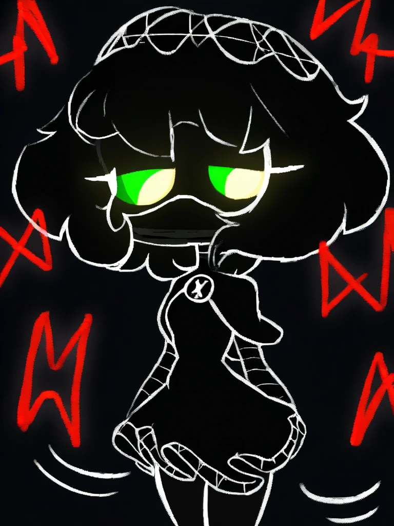 masterpiece, best quality, illustration, cartoon, ((1girl)), vex \(league of legends\), ((darkness)), ((at night)), ((black hoodie)), long sleeves, (((pale skin))), ((freckles)), ((dark circles)), (exhausted), (upset), necklace, o_o, ((blank eyes)), Chibi, picture frame
