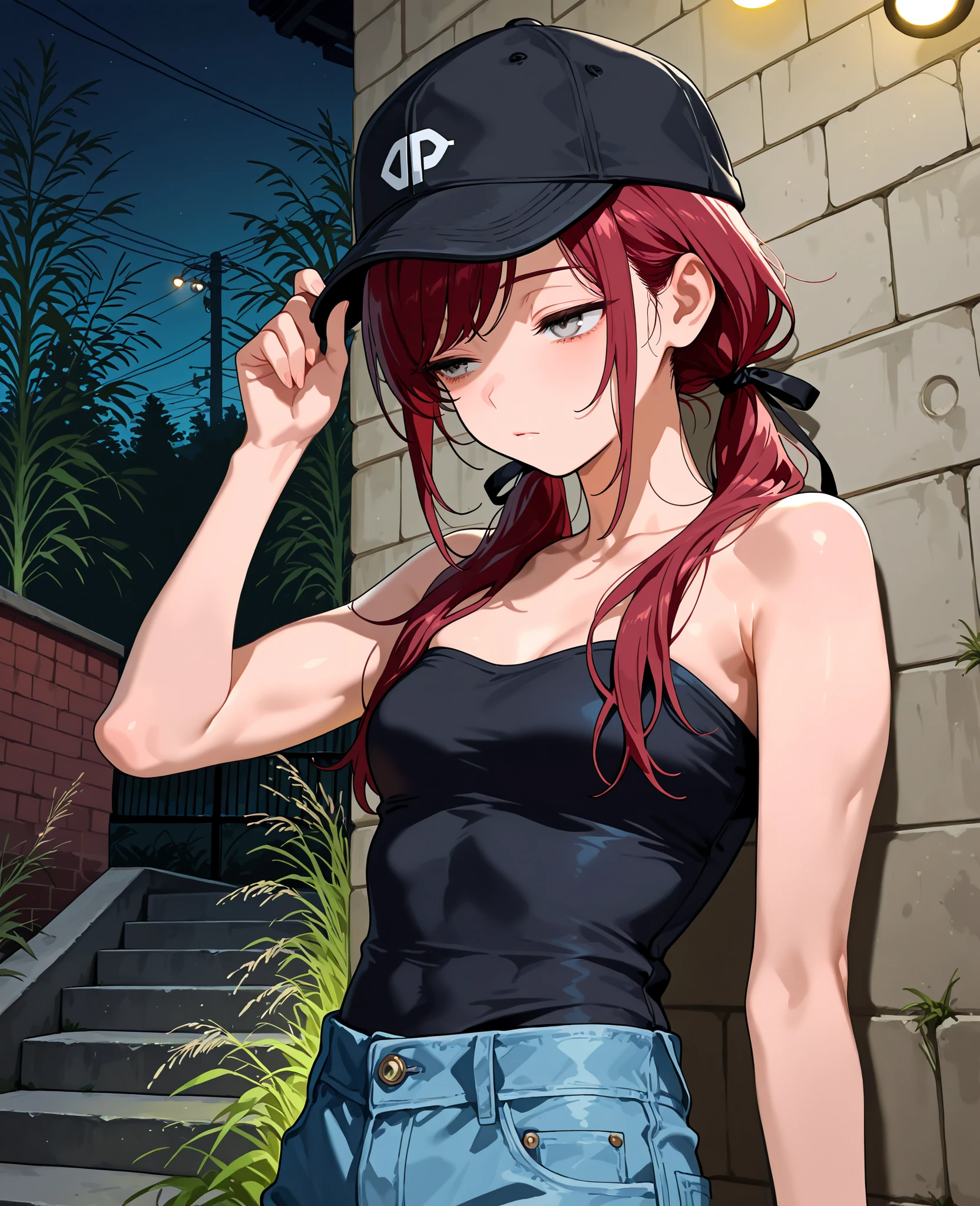 1girl, solo, Gray eyes, dark red hair, swept bangs, long hair, low twin tails, small breasts, toned arms from behind,looking away, close-up, bare shoulders, strapless sleeveless shirt, black shirt, black baseball cap, blue jeans, hair ribbons, black ribbons, night, lights, railing, concrete steps, brick wall, hands on hips, tired, half open eyes, upper body, pulling hat over eyes, tall weeds, willow tree branches, masterpiece, score_9, score_8_up, score_7_up