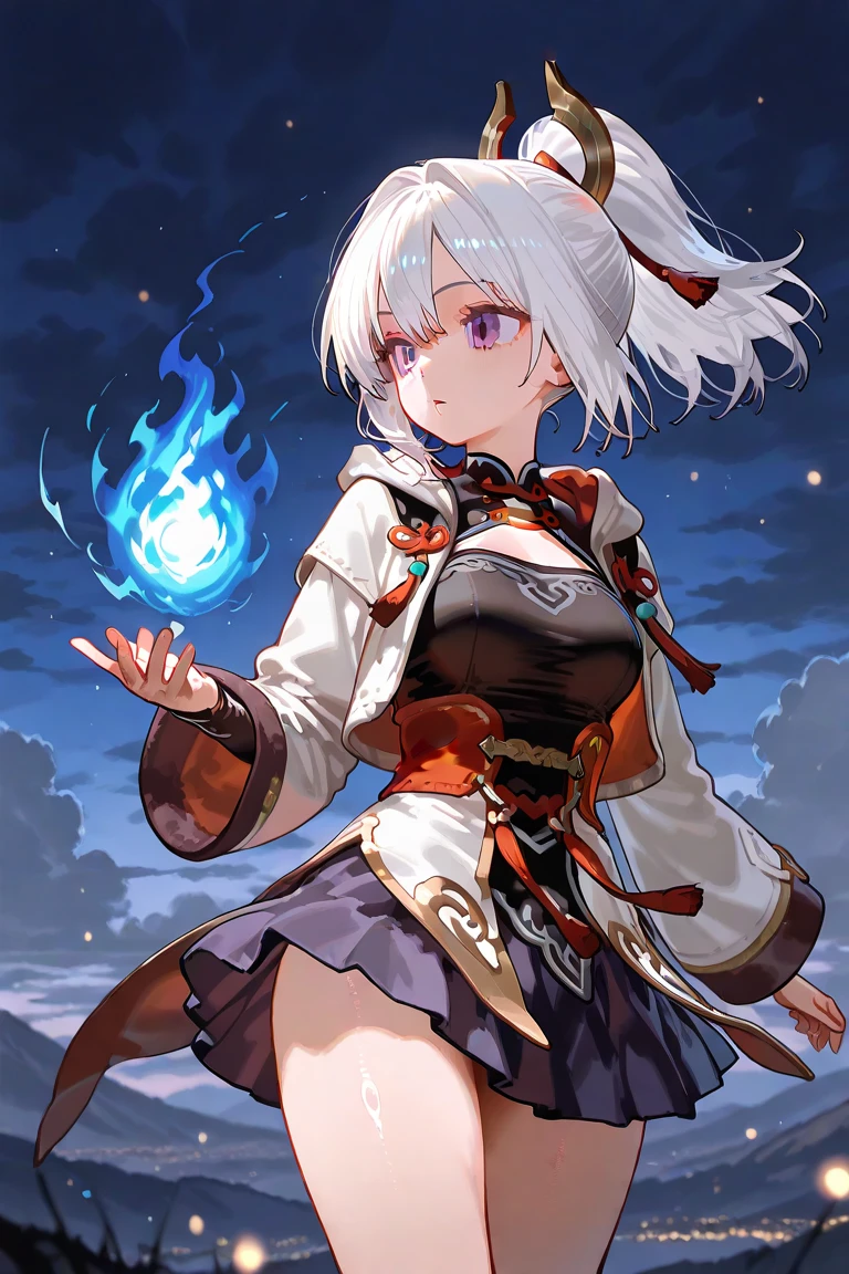 1girl, japanese clothes, ponytail ,white hair, purple eyes, magic circle, blue fire, blue flames, wallpaper, landscape, blood, blood splatter, depth of field, night, light particles, light rays, sidelighting, thighs, fate \(series\), genshin impact, ****, open jacket, skirt, thighhighs, cloud