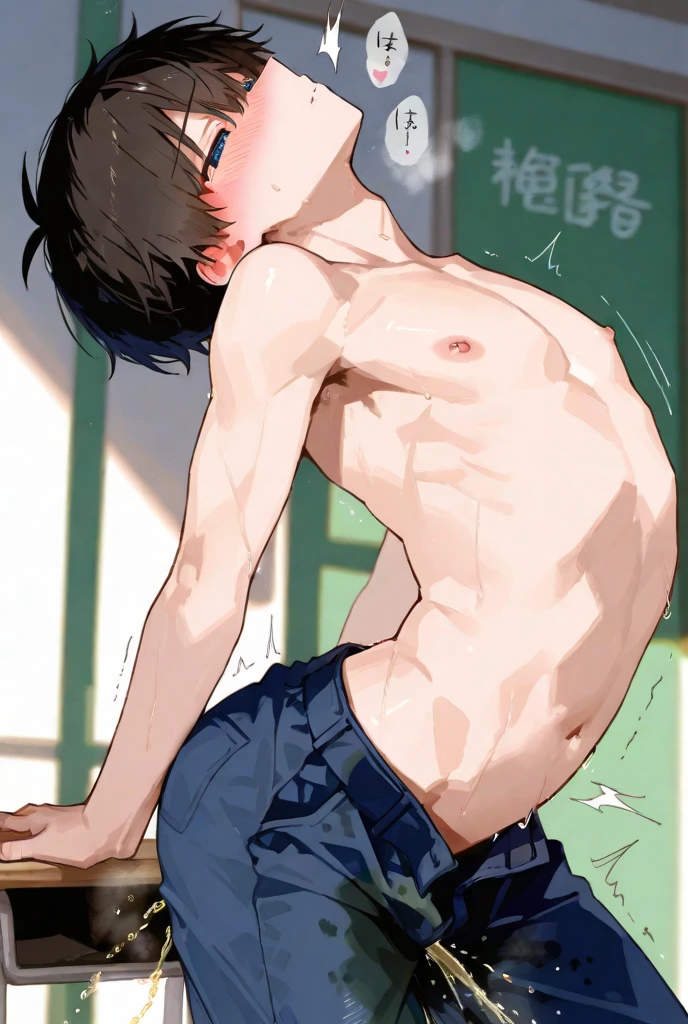 Highres, Masterpiece, Best quality at best,Best Quality, 1boy, bentennyson, green eyes, Tank top, Seen from the side, (Armpit), Sweat, the day, summer, naked, nude, porn , huge penis