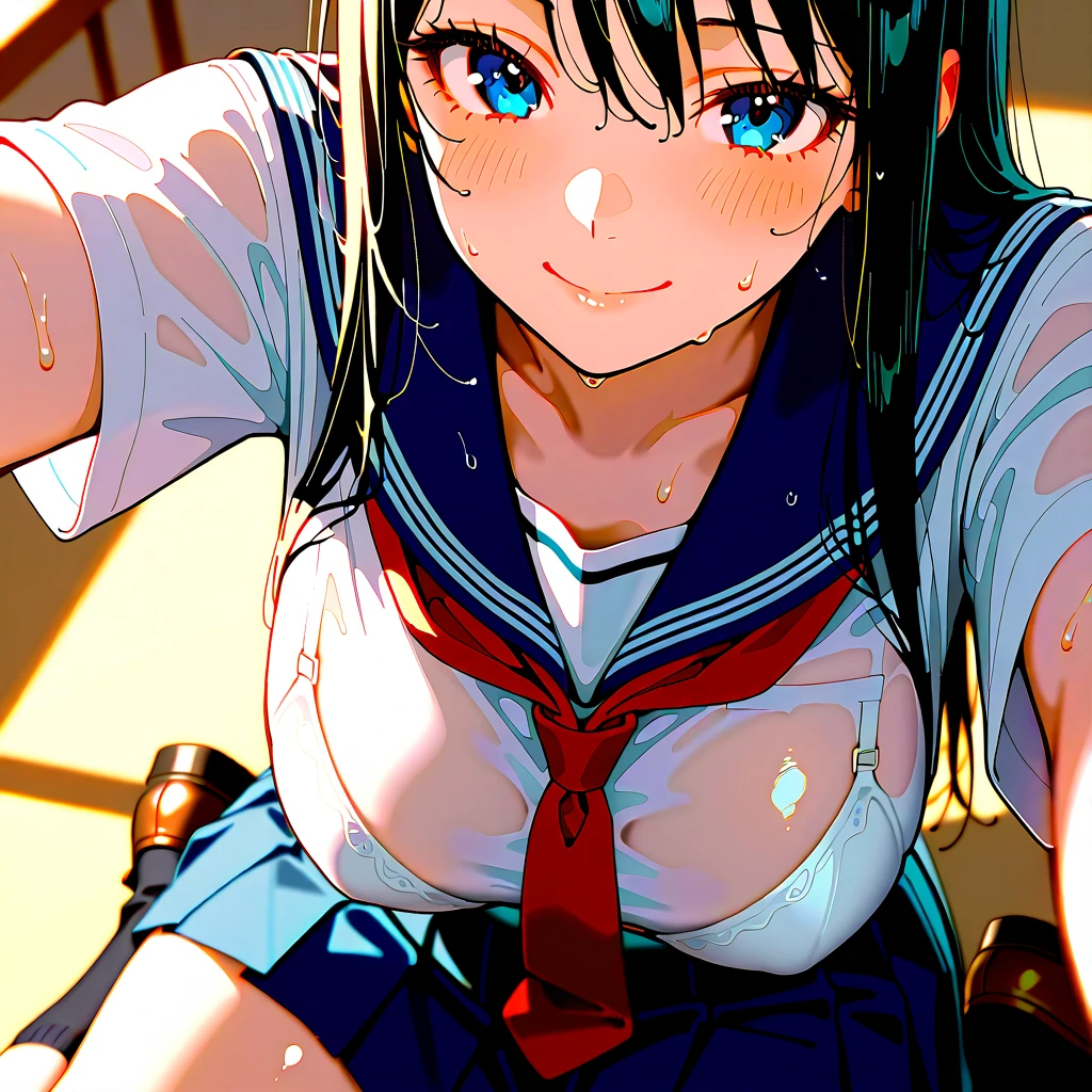 1girl, solo, sitting, flashing,
smug, evil grin,
twintails, pink scrunchie, black hair, long hair,
open shirt, shirt lift, unbuttoning, cleavage,
large breasts, school uniform, sailor collar, (miniskirt:1.1)
BREAK
school, desks, window, whiteboard,
flat shading, from above, vibrant