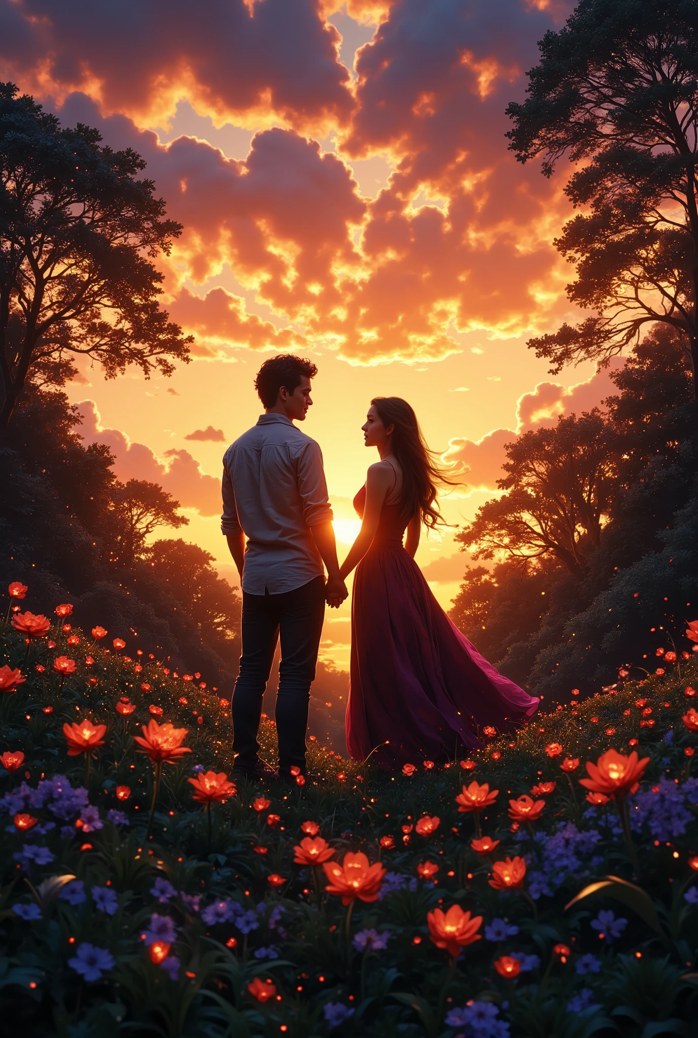 ( (Young couple declare themselves to each other in a forest, flowery forest full of life and diverse fauna , young short black hair , capacidade 6:9, e garota jovem , capacidade 6:9, the couple are holding hands on the horizon a spectacular sunset giving a perfect color, qualidade D HDR, 32K in determinant Anime format, reference artists to great publishers and cartoonists ), all the information above are fully , completely unchanged))