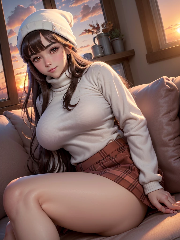 1 female, (Beautiful face with detailed shading), whole body, 40s, (Big Breasts), Beaver, Brown eyes, (Pink Cardigan), Open cardigan, White Camisole Blouse, (Yellow pleated skirt), White knee-highs, On the bed, (Tabletop)), ((Highest quality)), (Super detailed), ((Fascinating)), ((Very detailed)), 4K, (8K), Highest quality, (beautiful),(((World Class Quality))), Very detailed, High resolution,