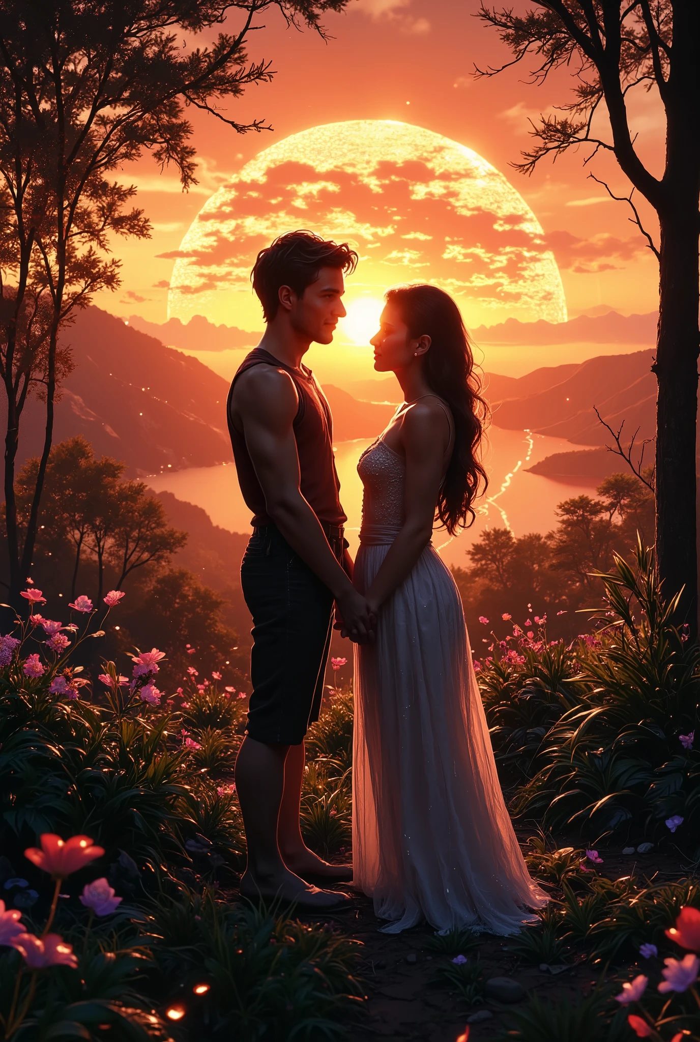 ( (Young couple declare themselves to each other in a forest, flowery forest full of life and diverse fauna , young short black hair , capacidade 6:9, e garota jovem , capacidade 6:9, the couple are holding hands on the horizon a spectacular sunset giving a perfect color, qualidade D HDR, 32K, reference artists to great publishers and cartoonists ), all the information above are fully , completely unchanged))