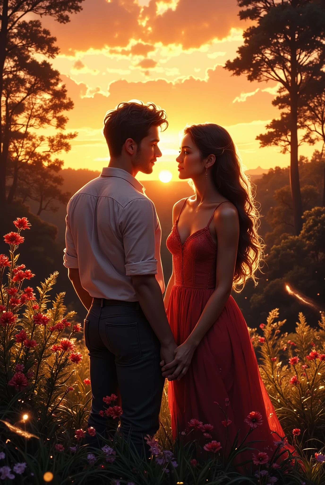 ( (Young couple declare themselves to each other in a forest, flowery forest full of life and diverse fauna , young short black hair  , capacidade 6:9, e garota jovem , capacidade 6:9, the couple are holding hands on the horizon a spectacular sunset giving a perfect color, qualidade D HDR, 32K, reference artists to great publishers and cartoonists  ), all the information above are fully  , completely unchanged))