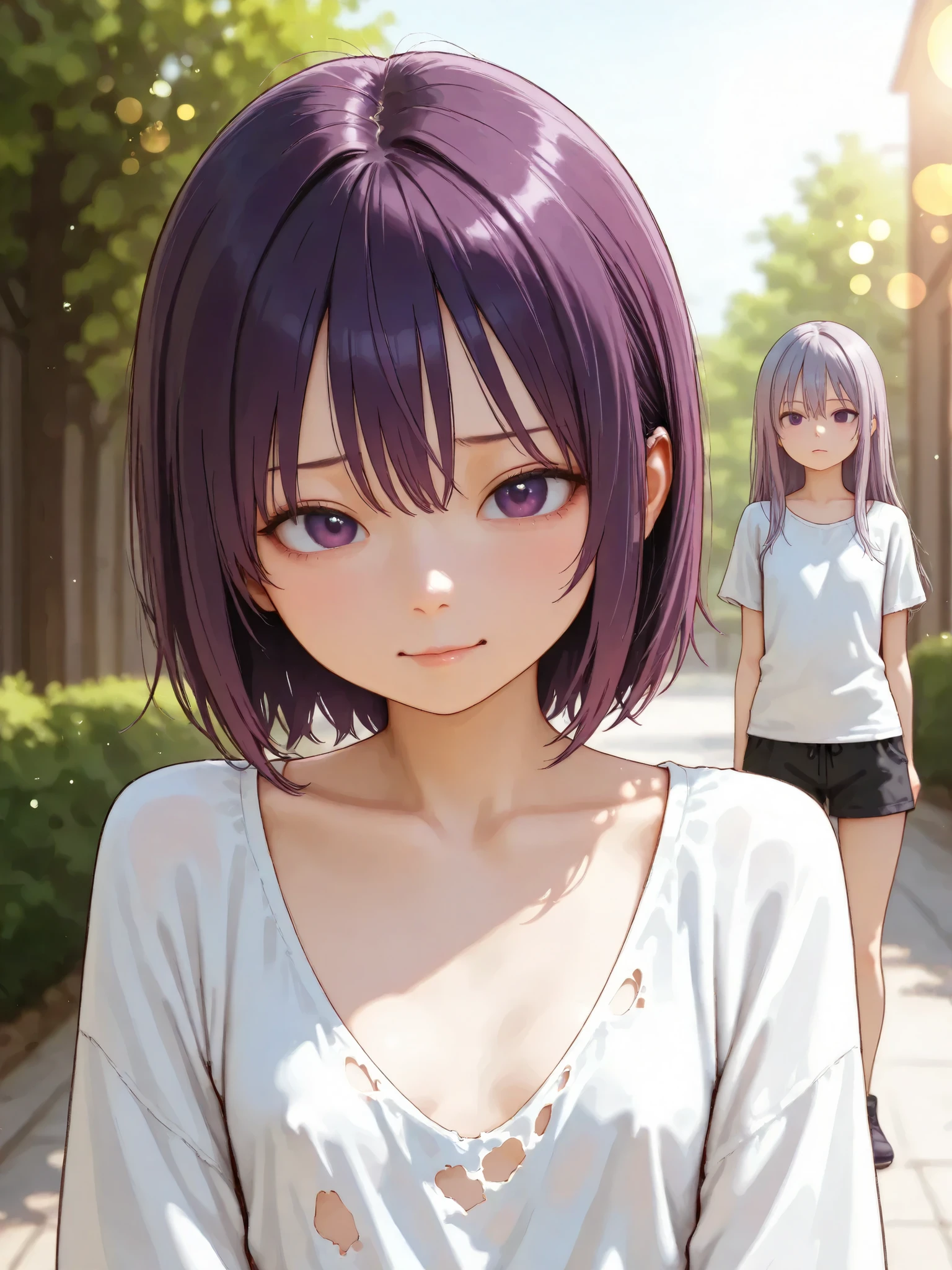 short girl, 2 girls,is young, flat chested,realisticな外観, big purple eyes, Two-tone purple hair and gray hair、big torn shirt、no bra、with a distressed face、Outdoors、細部にこだわったrealisticな影、movie stills, High Quality, realistic, 4K rendering, ultra-fine texture, professional , bright color, Bokeh