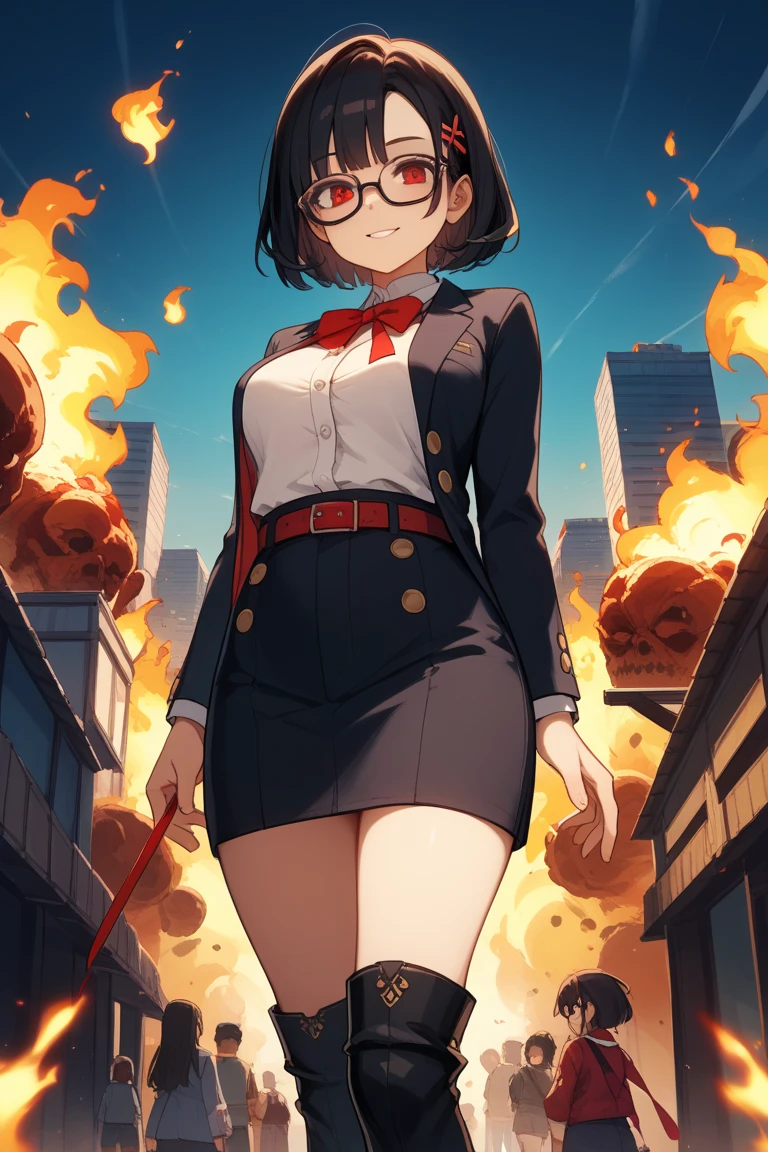 A conceited collegiate girl with a huge chest and curly hair with two tails, her eyes are yellow and her face is angry with rejection in a bad honest mood and she is wearing a gray school shirt and a red tie and underneath is a shiny black skirt and she is wearing a pair of sneakers and carrying a power tornado galactic in your hand power 