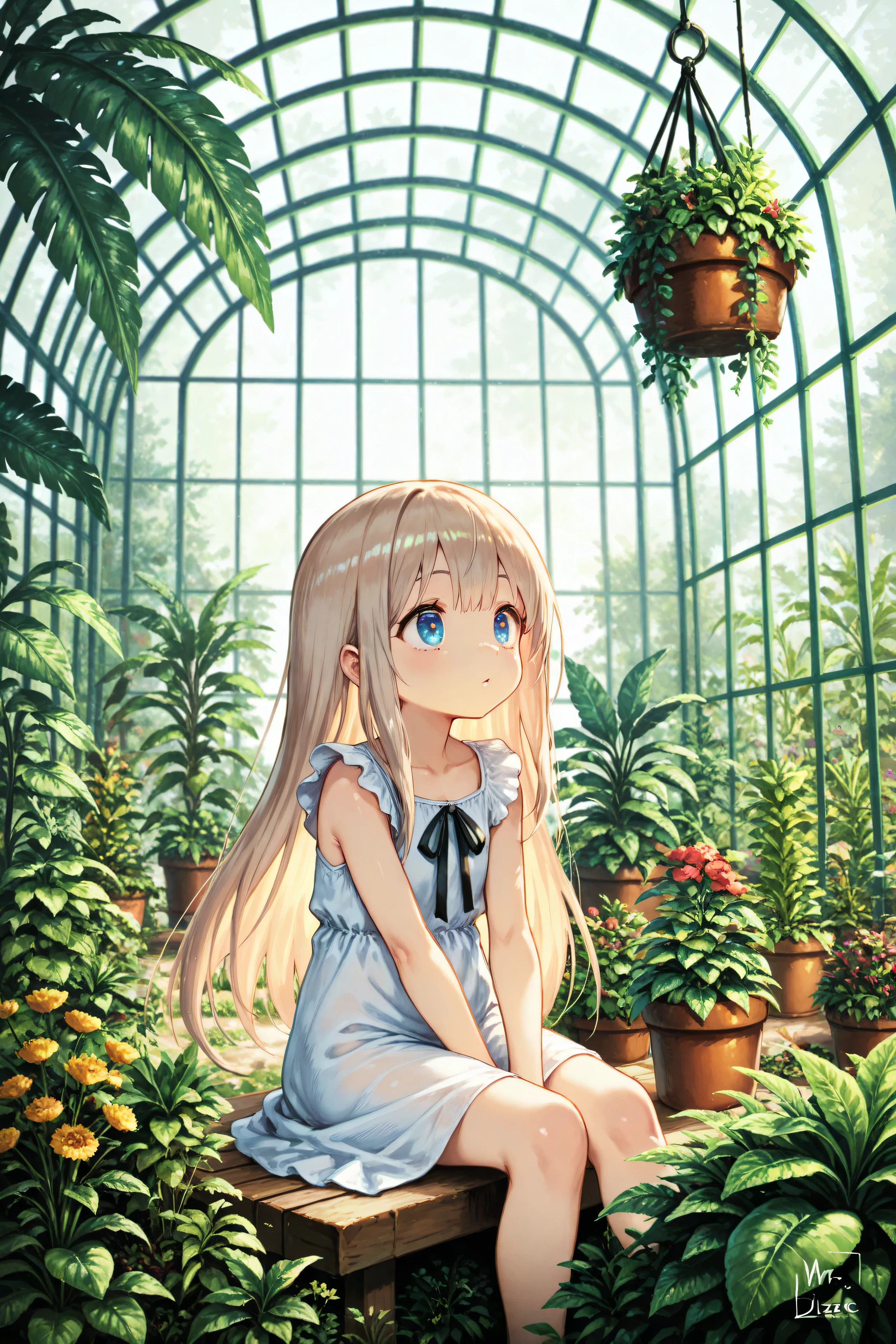 young woman,beige hair,blue eyes on board,super detailed eyes,Mr.々glazed greenhouse with plants and flowers growing,Sitting inside a greenhouse,dress with a large black ribbon on a white background,stylish,landscape