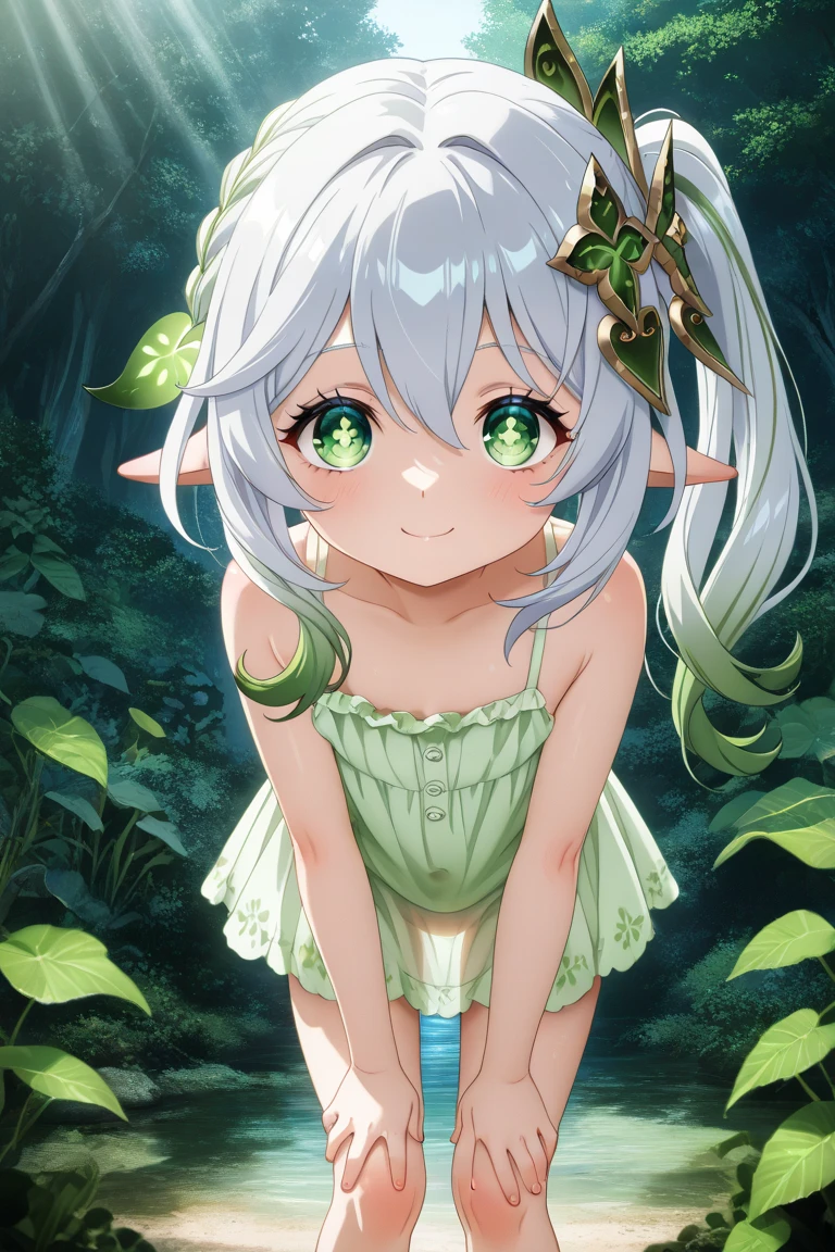 masterpiece,Highest quality,in the forest,alone,One girl,
Nahida,Look Up, Arm support, reflection,Green Eyes,Waterfront,naked,