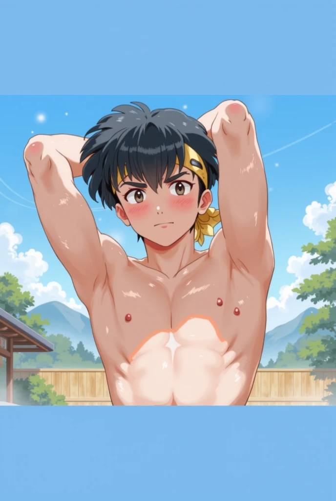 masterpiece, best quality, high quality, 1boy,10yo, ???, male focus, full body, looking at viewer, brown hair,spiky hairstyle, short hair, steam smork, japan style, anime coloring, shy, home muji style, detailed face, topless, white towel on waist, pose boxing fighter