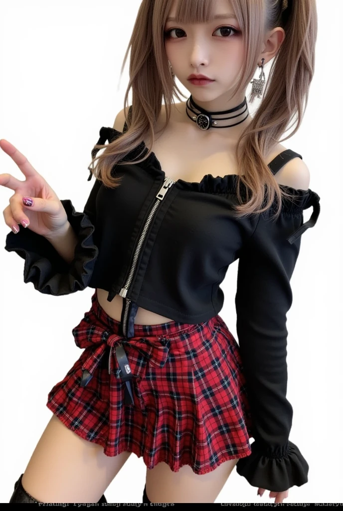 Fr3ckles, black hair, grey eyes, freckles, 1girl,  pl34tp1nk, plaid skirt, fishnets, chains, bare shoulders, pink sweater, black halter top, indoors, goth,black lips, smoky eyes, mascara, eyeliner, full body view