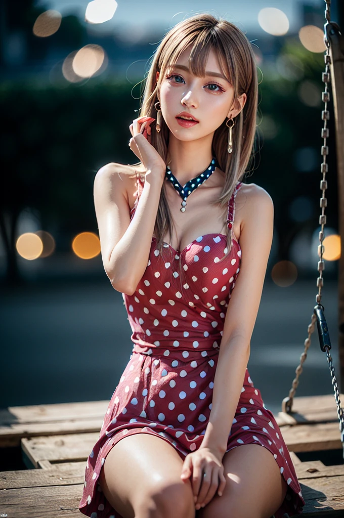 Beautiful woman wearing a red cream mini dress with decorations on the shirt and visible shoulders and wearing boots and being photographed with a background And he was in the middle of the desert holding , Korean style swag, beautiful face so gorgeous, Beautiful eyes, y2k style