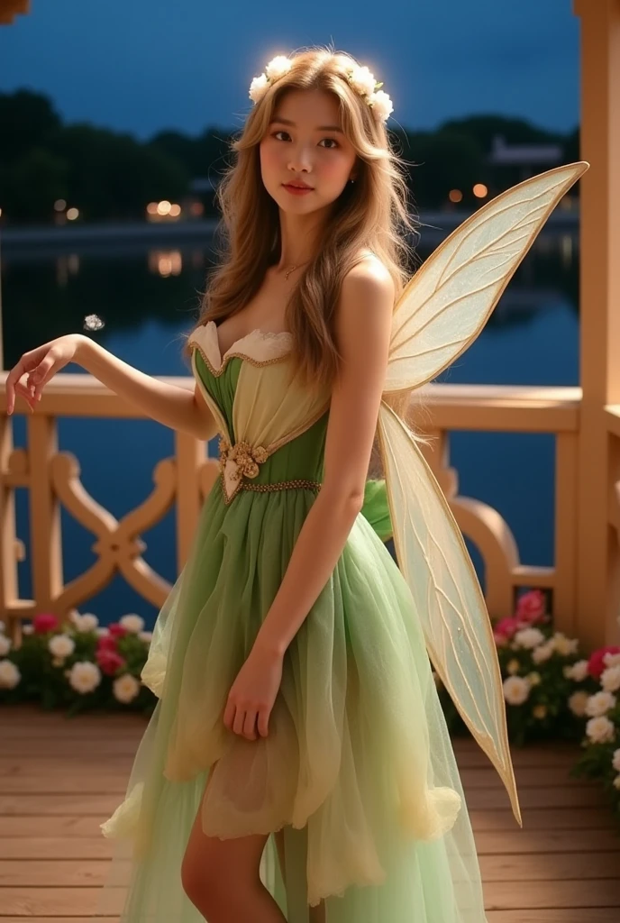 “Create a live-action image of Tinker Bell, the iconic fairy from Disney’s Peter Pan. Tinker Bell should be depicted as a , beautiful young woman with blonde hair styled in a bun. She should be wearing a green, leaf-inspired dress and have delicate, translucent wings that sparkle with fairy dust. The background should reflect a magical, enchanted setting, possibly in Neverland or among lush, vibrant flowers. The atmosphere should evoke a sense of whimsy and wonder, highlighting Tinker Bell’s playful and mischievous nature.”