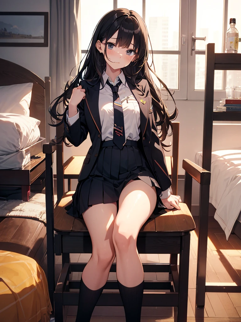 finest, masterpiece, High resolution, (Full body view from head to toe), front, frontやや下からの構図, symmetry, 18 year old tall girl, alone, (whole body from head to toe), (small breasts), Unkempt brown hair, bangs, (black tights), (black pantyhose), (sit with legs spread), (squatting pose), (Composition showing white panties), (her legs spread、I can see white panties.), (I was made to sit on the floor with my legs spread apart.), (M-shaped spread legs), thin legs, A very beautiful and tall 18 year old girl, (not wearing shoes), blush, shy big eyes, looking at camera, blazer uniform, plaid pleated skirt