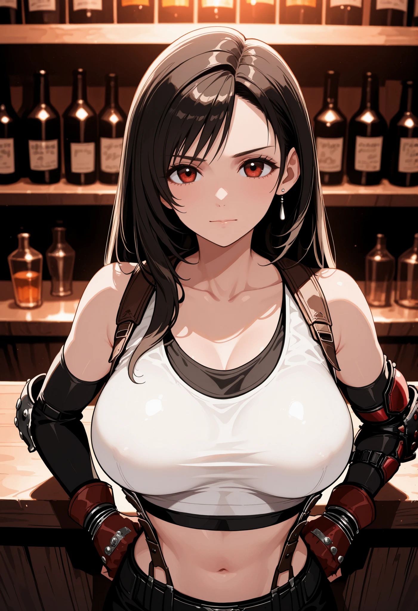 Best quality, Anatomically correct, Detailed image, High resolution, Tifa Lockhart, Alone, Bar, Leaning on the bar, Looks joyfully at the viewer, closed mouth, She clenched her hands into fists, placed her hands on her hips, Upper body slightly tilted forward towards the viewer, front view, Große Brüste, (F70),