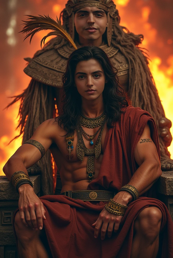 a man, ((god of death)), long black hair, ((Hades)), ancient Greek clothing, clothing of the Gods,((Greek columns in the background)), ((floor covered with red roses)), power posture,, ((bracelets on his arms and wrists)), rich clothing, ((sexy and sensual man)), ((god of extreme beauty seduction)), 32k Ultra, Ultra HD
