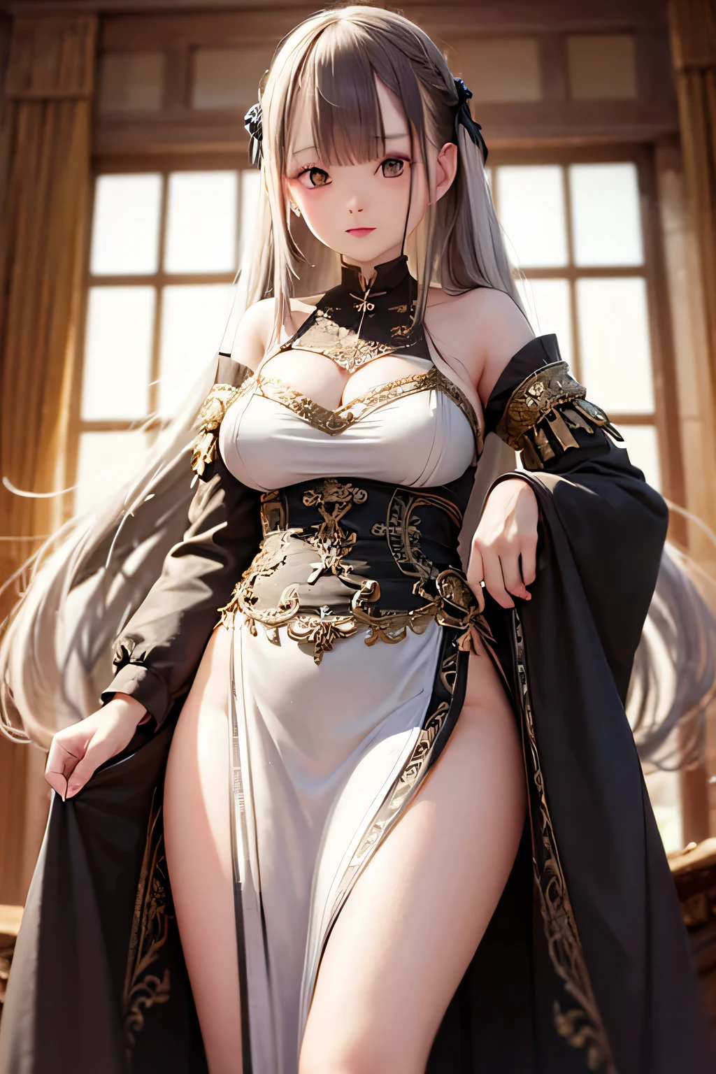 Close-up of a woman wearing a dress with a ribbon on her head, Realistic Young Gravure Idol, sakimichan, sakimichan hdri, けもの, oppai, Young Pretty Gravure Idol, ayami koj ima, top-quality, tmasterpiece, (tmasterpiece:1.2), atdan, 1 plump girl, branch, blooming flowers, jewely, skirt by the, 耳Nipple Ring, That tree, through the bangs, ancient chinese courtyard, hair adornments, view the viewer, Clothes with showing through, Black hair, Hair Flower, Brown hair, exposed bare shoulders, Very long hair, Wide sleeves, long-sleeve, Fixed finger, Exquisite and beautiful eyes, Orange Eyes, Photorealistic, High resolution, 1womanl, glistning skin, Jewelry, Pink lips, long white hair, Blue eyes, Closed mouth, hips up high, Fantasy Armor, Wearing heavy armor LnF, hermosa robber california ruby ocula, full body Esbian, Long medium wavy hair with California highlights that creates a Christmas atmosphere