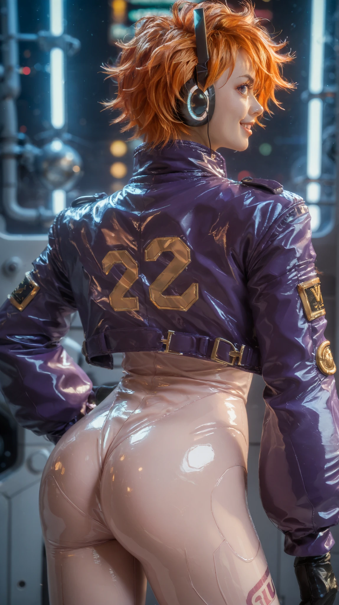 masterpiece, ((ultra detailed background, delicate pattern, intricate detail)), (highly detailed, fine details), best quality, beautiful lighting, ((medium breasts, slim girl)), 1girl, Lilith, (bangs covering one eye), ((light orange hair)), headphones, purple eyes, dark-blue jacket, ((pink bodysuit, full-body suit)), complex detailed background, inside, castle room environment, medieval castle, gray walls, window, bookshelf, (close-up, portrait),