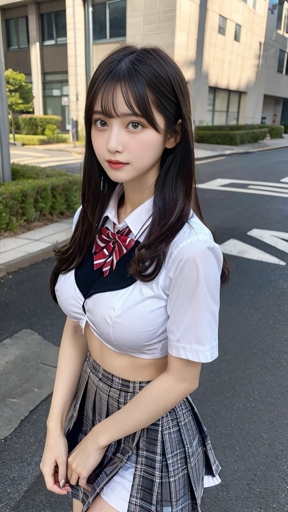 Japan student、summer  shirt、bow tie、White pleated skirt、ponytail、school stairs、Walk down the school stairs、Chest up posture、Strike a pose to show off your breasts、8K RAW photos、high resolution、((Cute Japanese 16 year old girl))、Beautiful eyes are meticulous、long eyelashes、beautiful double eyelids、eye shadow、Eyeliner、shy smile、shy eyes、The legs are beautiful and thin、Beautiful and thin thighs, 