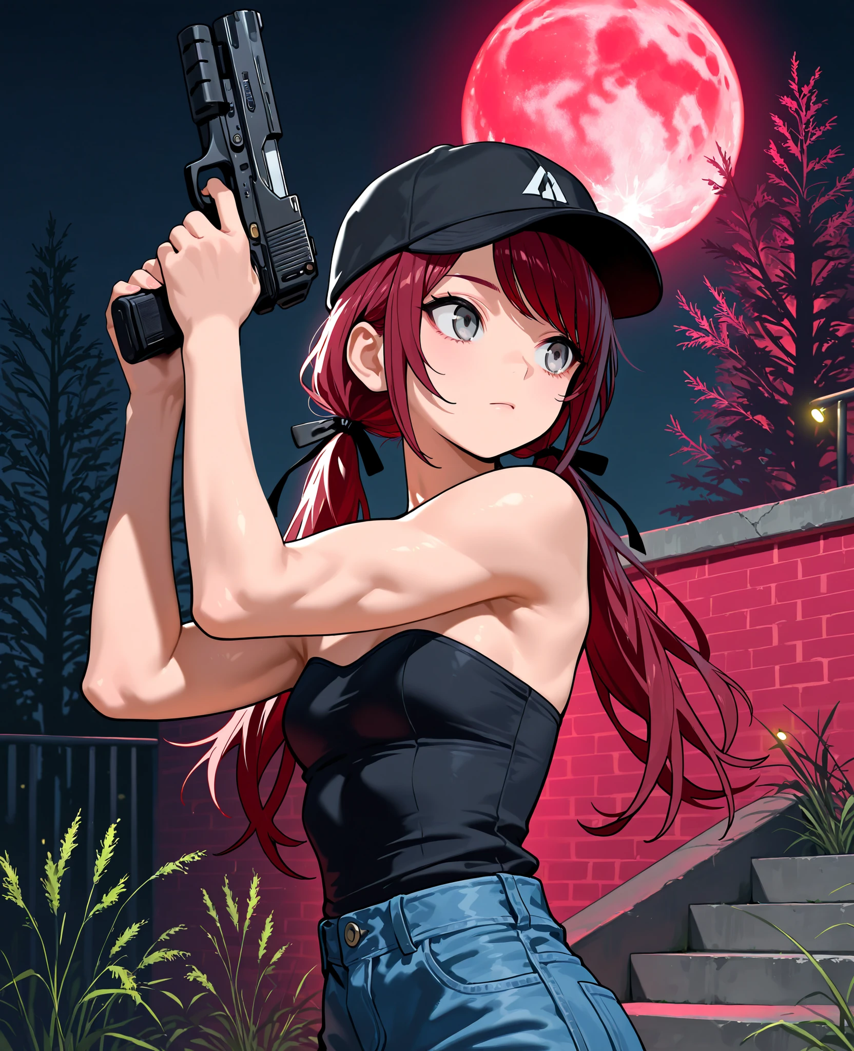 1girl, solo, Gray eyes, dark red hair, swept bangs, long hair, low twin tails, small breasts, toned arms, looking away, close-up, bare shoulders, strapless sleeveless shirt, black shirt, black baseball cap, blue jeans, hair ribbons, black ribbons, night, lights, railing, concrete steps, brick wall, stoic, holding up gun, crouch, looking to the side, dynamic pose, red moon, sleuthing, upper body, zdyna_pose, tall weeds, willow tree branches, masterpiece, score_9, score_8_up, score_7_up