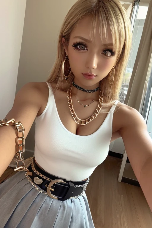 ((pencil long denim skirt:1.3))、Chibi black T-shirt、sneakers、No sleeve、belly button、Cleavage、One 1 girl、Slim body、Ample waist circumference、Narrow waist、Medium breast、Bob Hair、Masterpiece:1.3、Raw photo quality、Highest quality、Detailed Images、On school campus、Walking、Detailed Background、