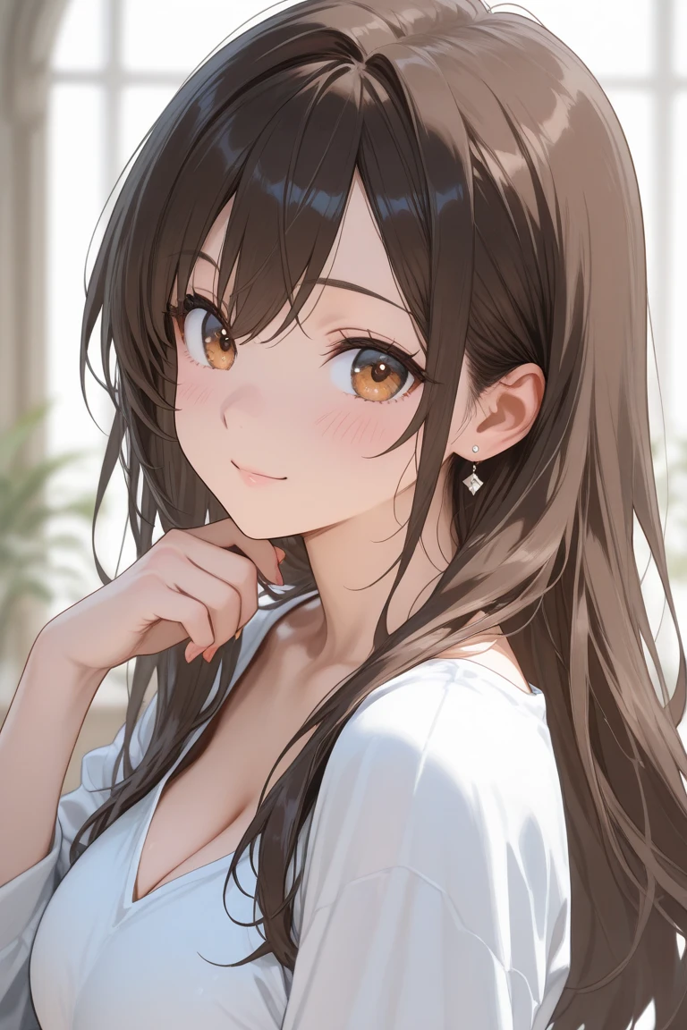 light brown hair beautiful young girl looking back over her shoulder with a light smile, slightly blushed, large breast, white oversized printed t-shirt, natural lighting, daytime, feather ornament, anime style, portrait shot, 4k, masterpiece, high details, ultra details, high quality