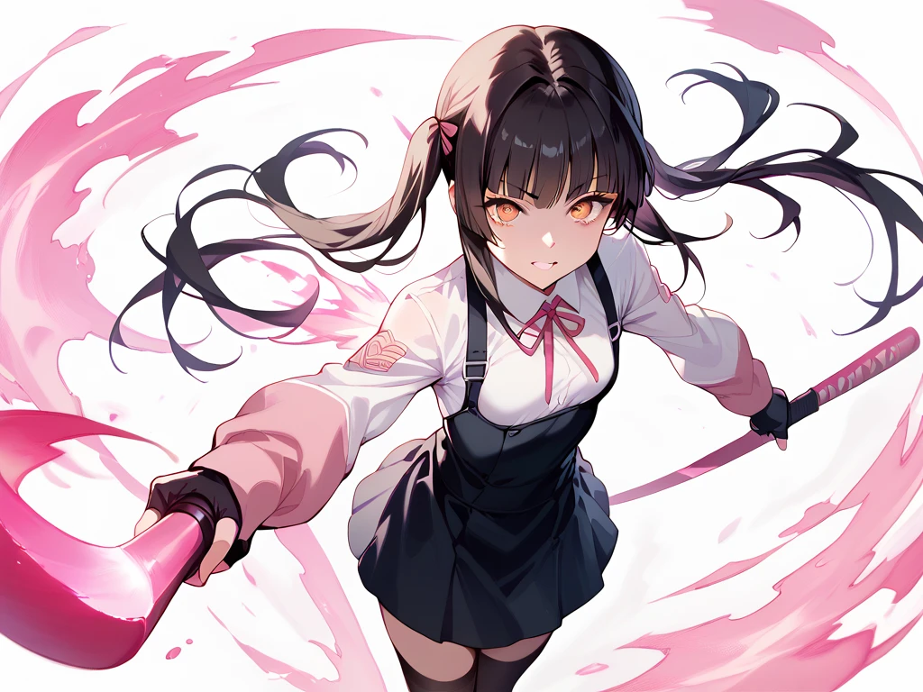 (Tsukuyomi Cho),black hair,(very small breasts),High Angle,battle,pink chainsaw,pink flame