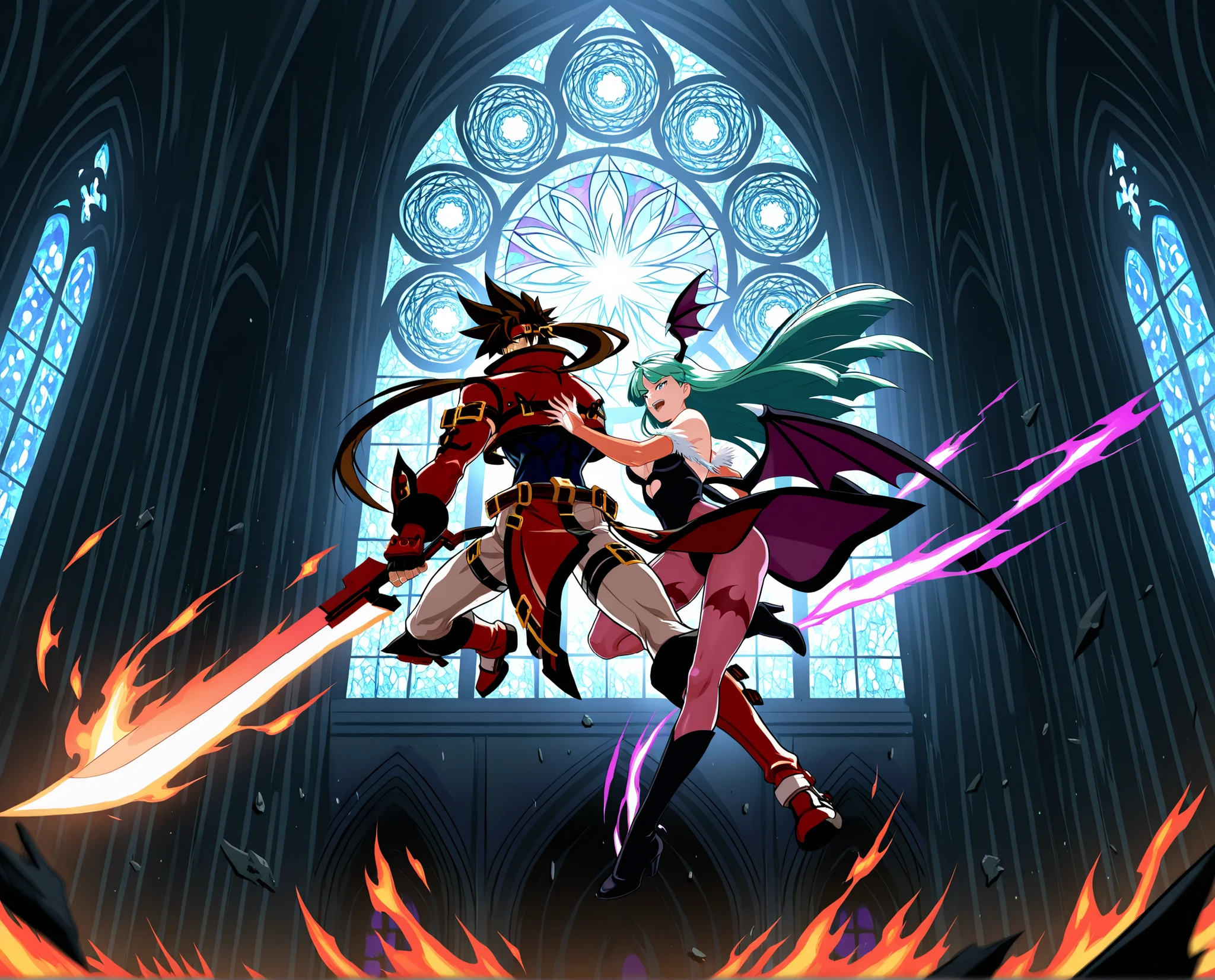 Epic anime-style battle inside a gothic cathedral with shattered stained glass windows. Sol Badguy is on the left, wielding his fire sword in a dramatic pose, flames and energy bursting from his blade. His red coat and headband are flowing, with exaggerated action lines. On the right, Morrigan Aensland leaps into the air with a magical kick, trailing pink and purple energy. Her playful expression contrasts with the dark and moody setting. The environment features gothic arches, moonlight backlighting, flying debris, and glowing effects. Both characters are turned sideways toward the viewer, facing each other. Full color, bold shading, dramatic highlights, intense anime action.